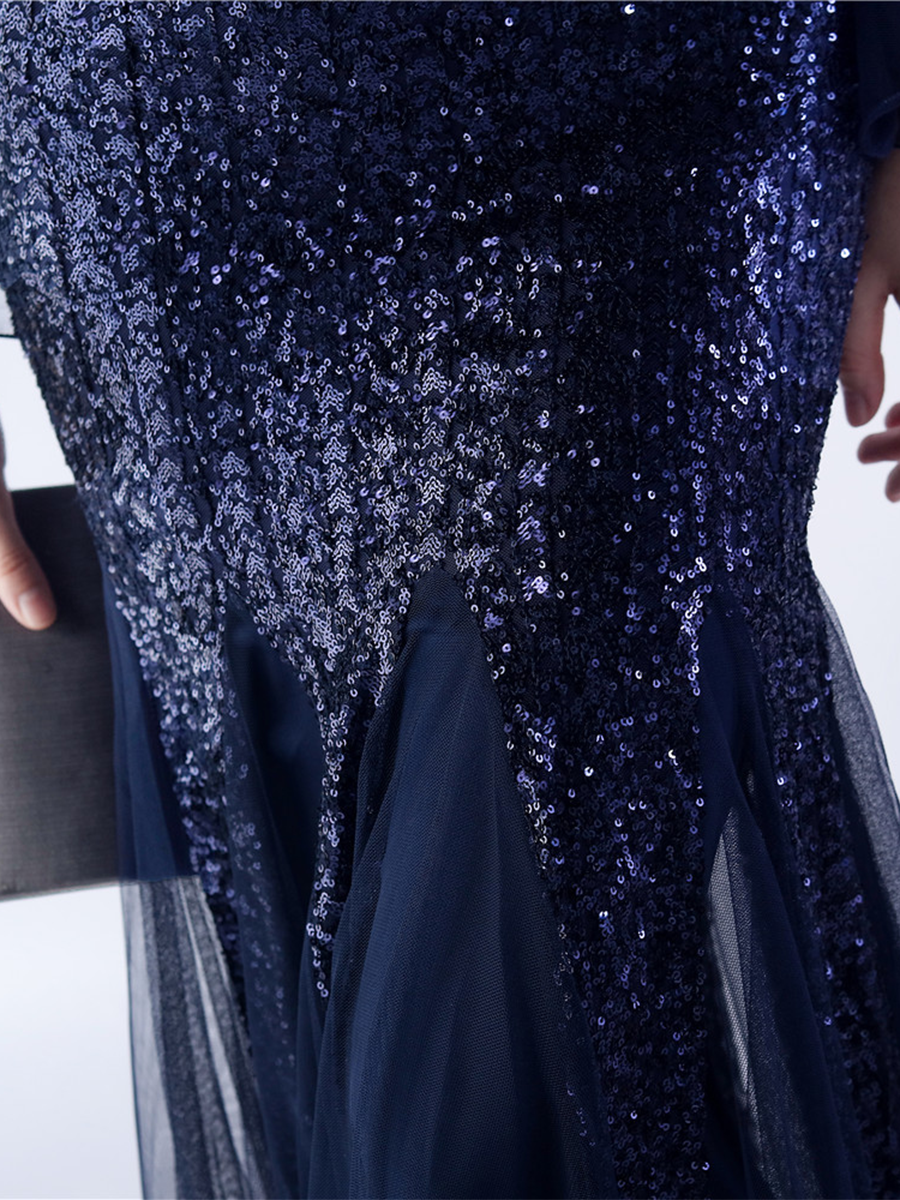 V-neck Panel Ruffle Backless Sequin Prom Dress