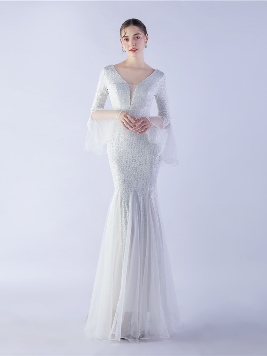 V-neck Panel Ruffle Backless Sequin Prom Dress