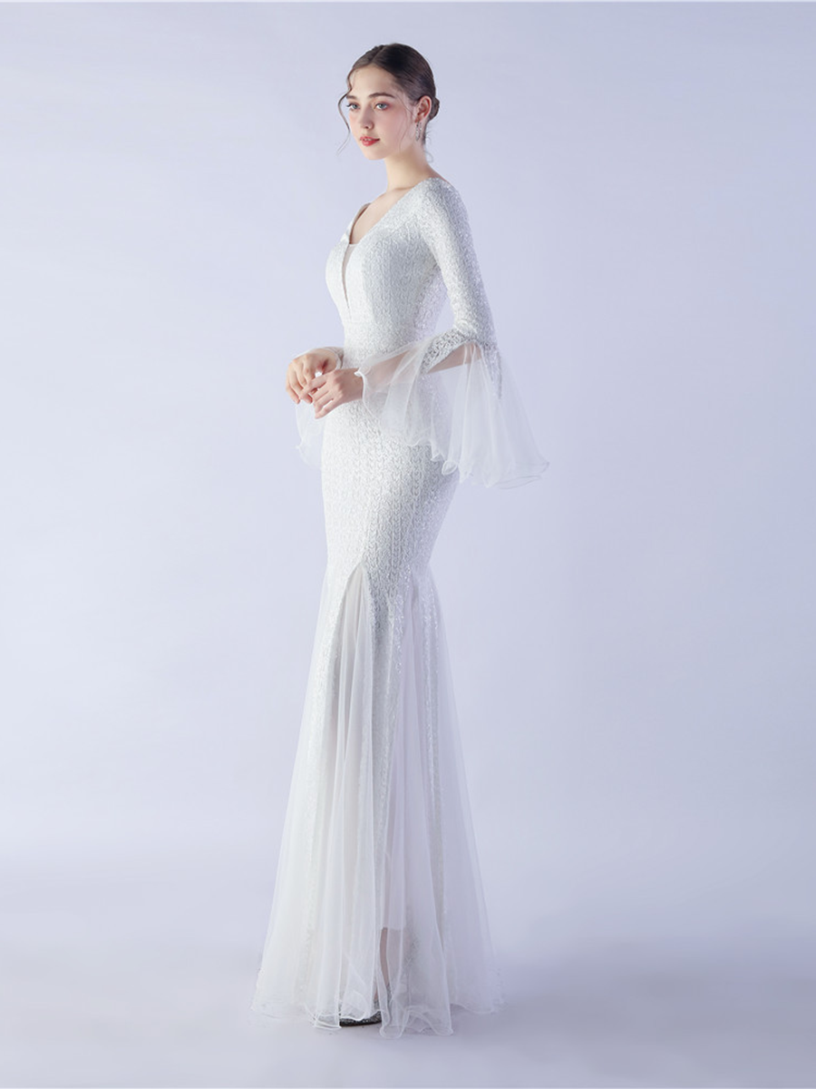 V-neck Panel Ruffle Backless Sequin Prom Dress