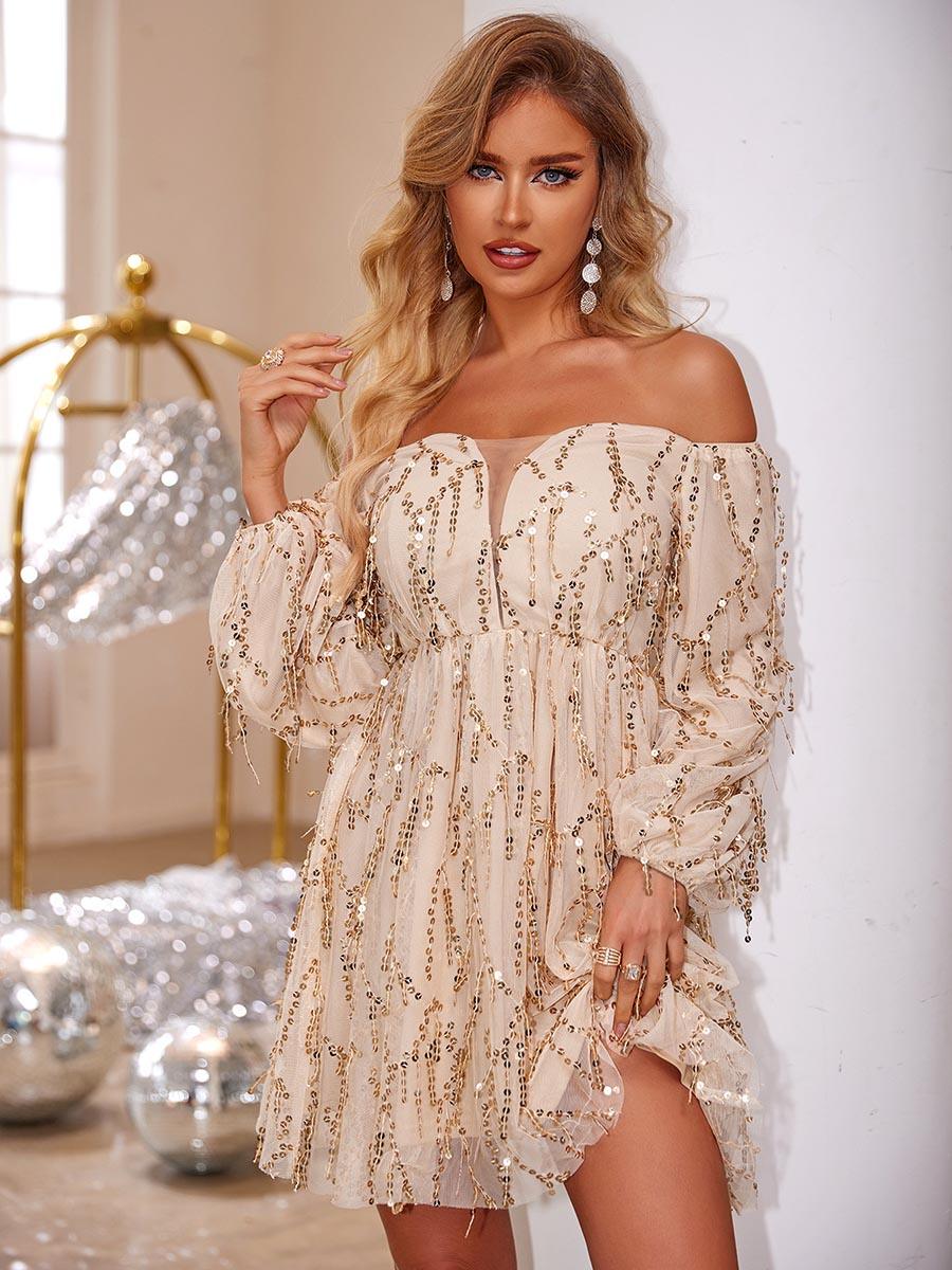 Fringed Sequin Off Shoulder A-line Mini Dress