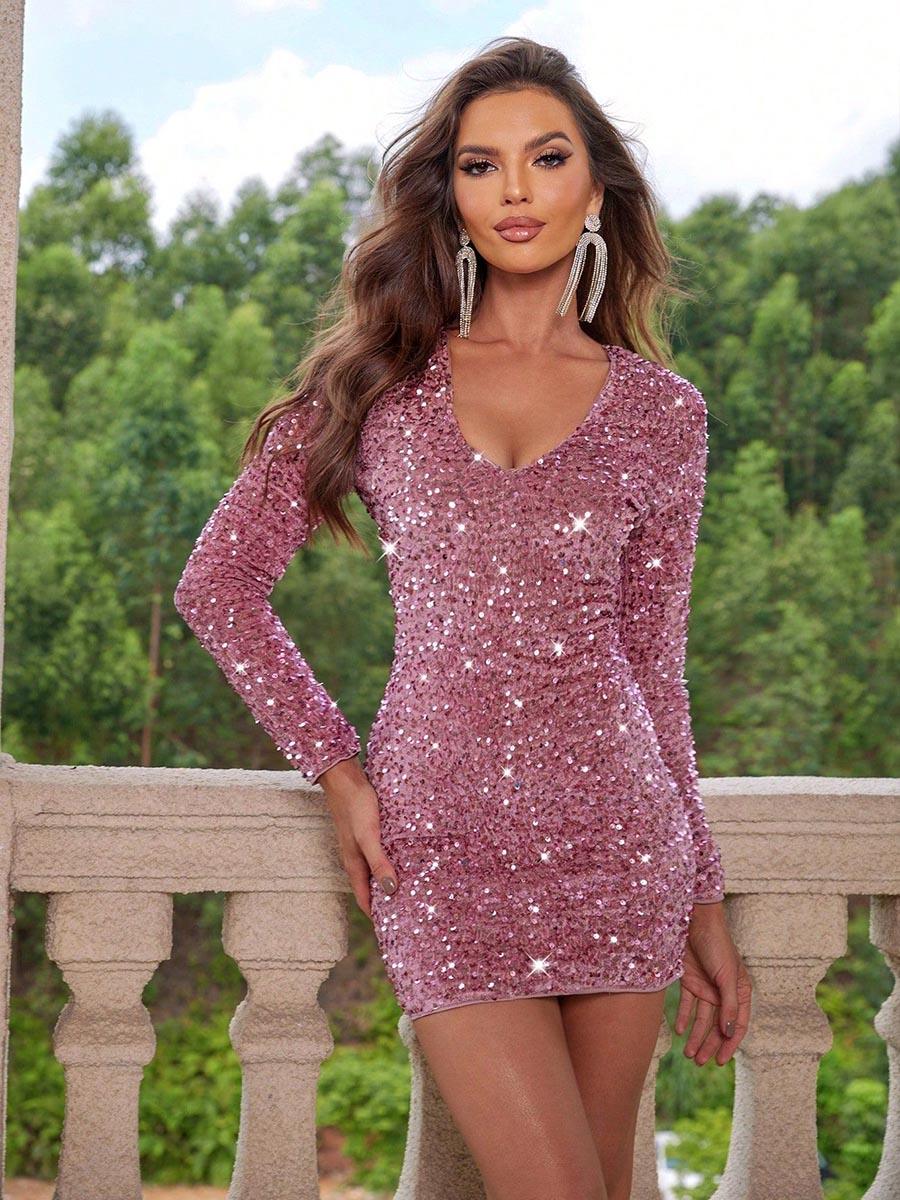 Sequin Long Sleeve V-neck Mini Party Dress