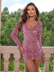 Sequin Long Sleeve V-neck Mini Party Dress