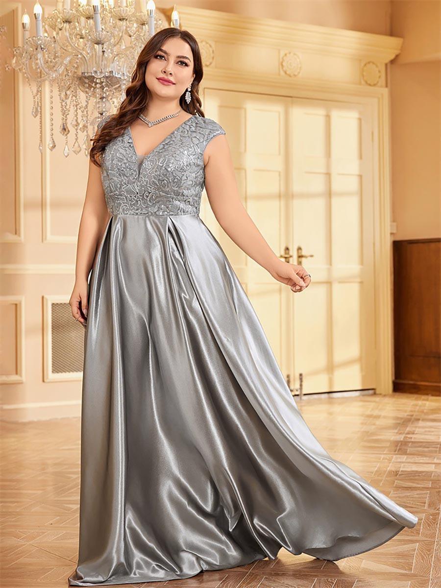Plus Gray Panel V-neck A-line Prom Dress