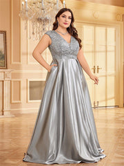 Plus Gray Panel V-neck A-line Prom Dress