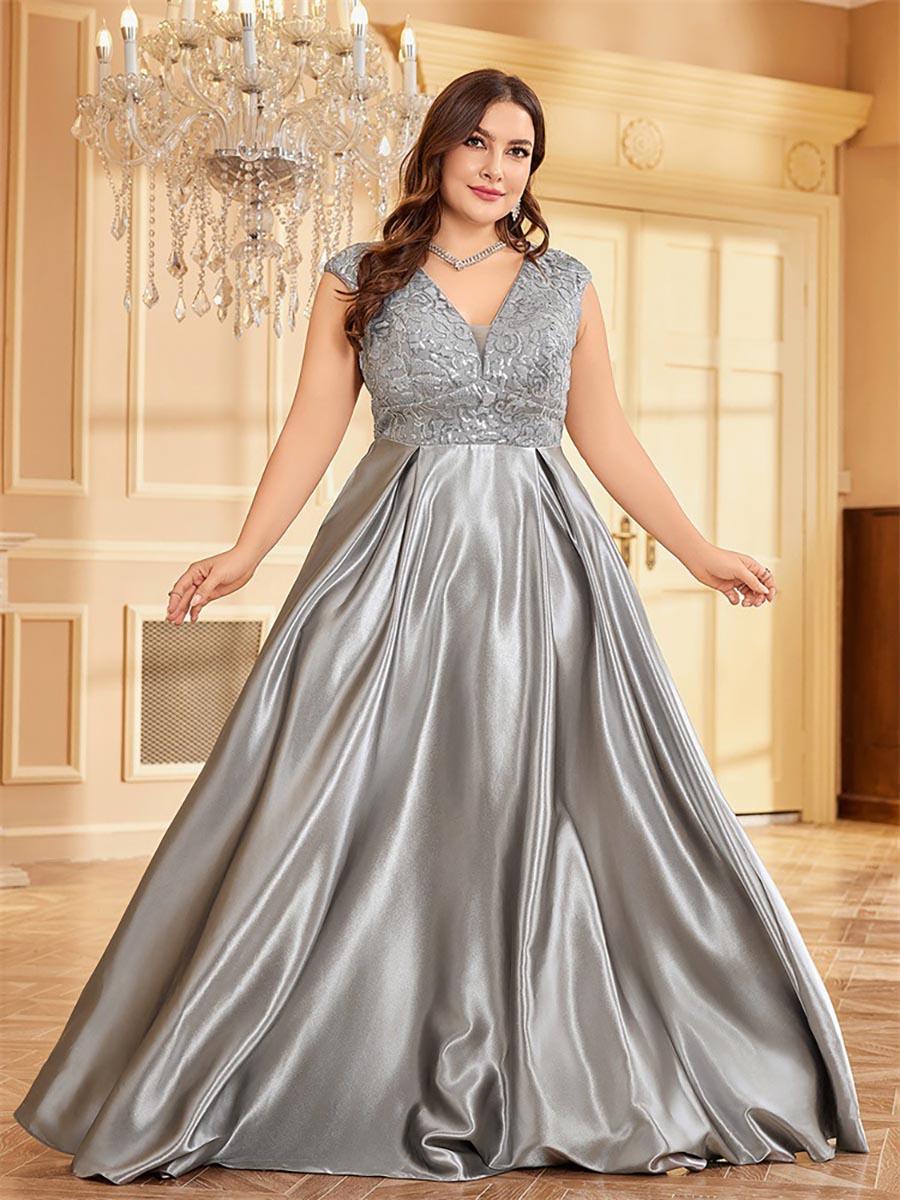 Plus Gray Panel V-neck A-line Prom Dress