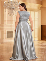 Plus Gray Panel V-neck A-line Prom Dress