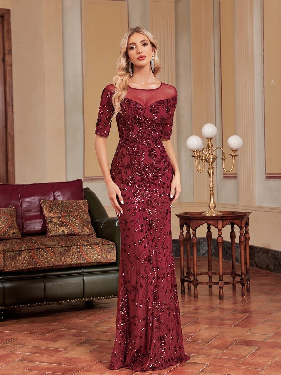Burgundy Short Sleeve Embroidered Prom Dress