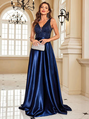Blue V-neck Satin A-line Prom Dress