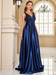Blue V-neck Satin A-line Prom Dress