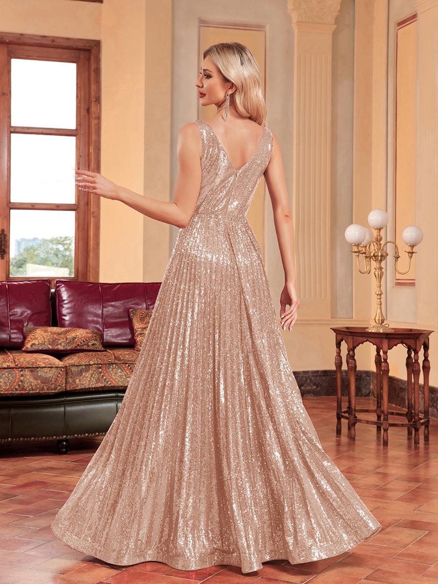 Sequin Pleated A-line V-neck Prom Dress
