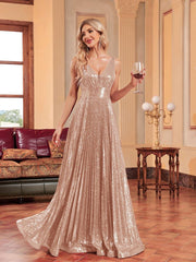 Sequin Pleated A-line V-neck Prom Dress