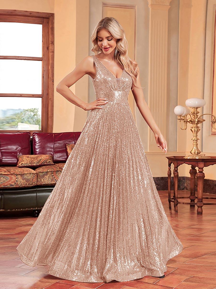 Sequin Pleated A-line V-neck Prom Dress