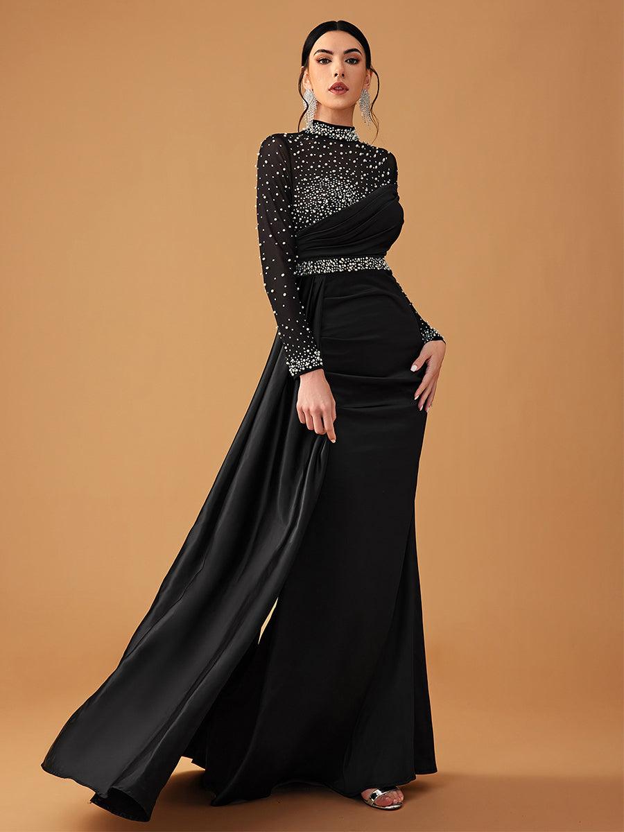 Elegant Mesh Beaded Satin Turtleneck Evening Dress