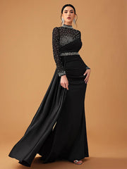 Elegant Mesh Beaded Satin Turtleneck Evening Dress