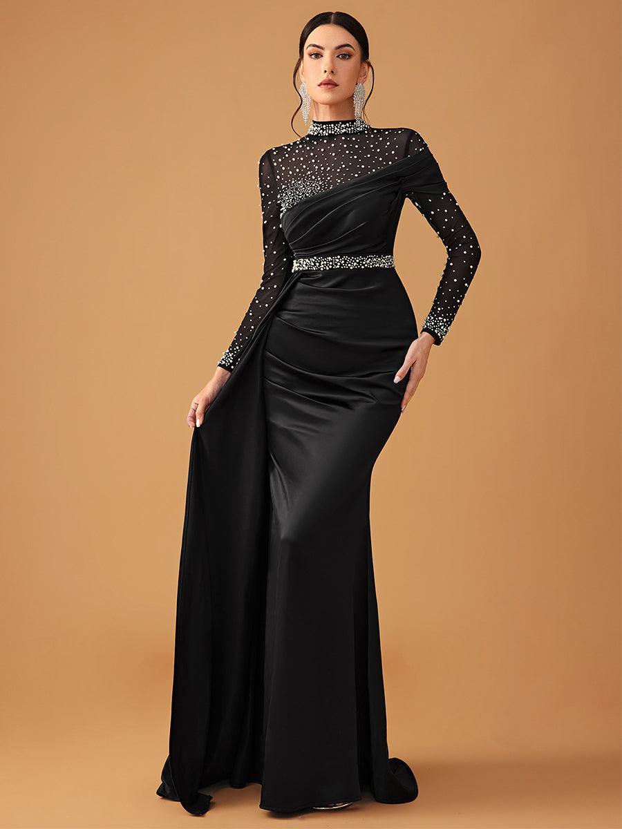 Elegant Mesh Beaded Satin Turtleneck Evening Dress