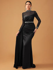 Elegant Mesh Beaded Satin Turtleneck Evening Dress