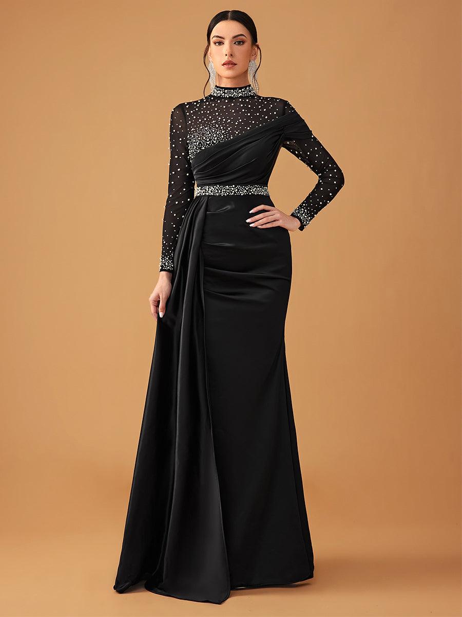 Elegant Mesh Beaded Satin Turtleneck Evening Dress