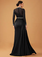 Elegant Mesh Beaded Satin Turtleneck Evening Dress