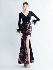 Long Sleeve Velvet Feather Wrap Prom Dress
