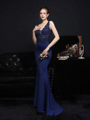 V-neck Sleeveless Embroidered Evening Dress