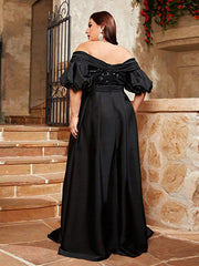 Plus Off Shoulder Swing Embroidery Prom Dress