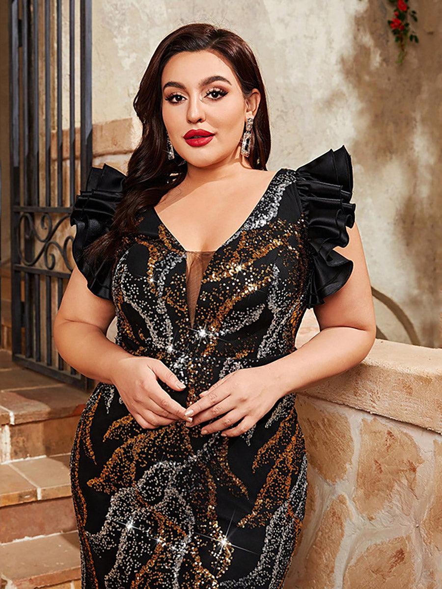 Plus Size V-neck Geometric Sequin Prom Dress