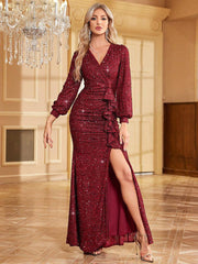 Long Sleeve Glitter Ruffled Prom Dress