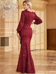 Long Sleeve Glitter Ruffled Prom Dress