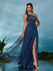 One Shoulder Mesh Pleated Prom Dress