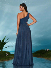 One Shoulder Mesh Pleated Prom Dress