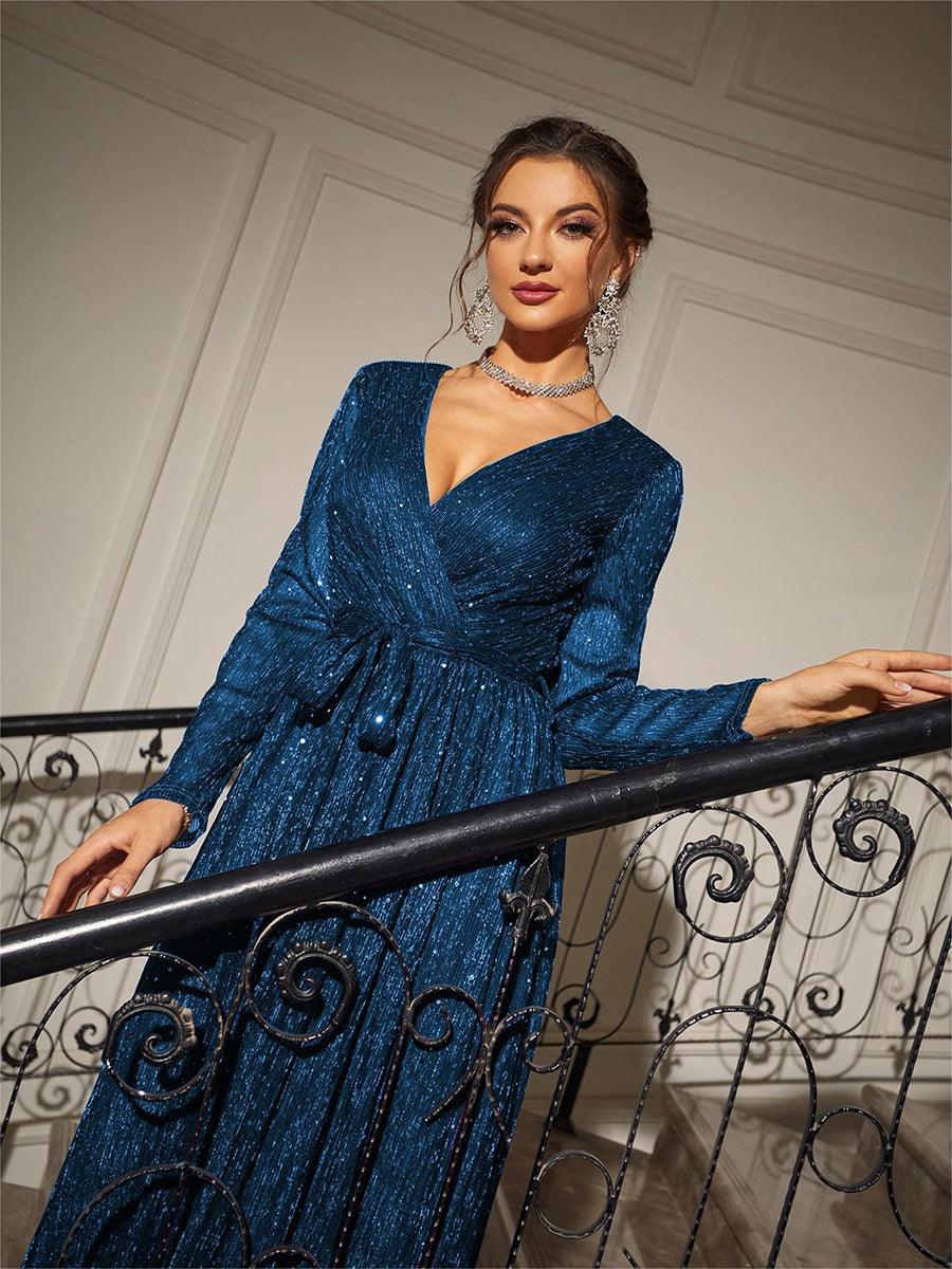 Long Sleeve Wrap A-line Prom Dress