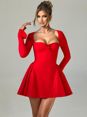 Square Neck Long Sleeve A-line Party Dress