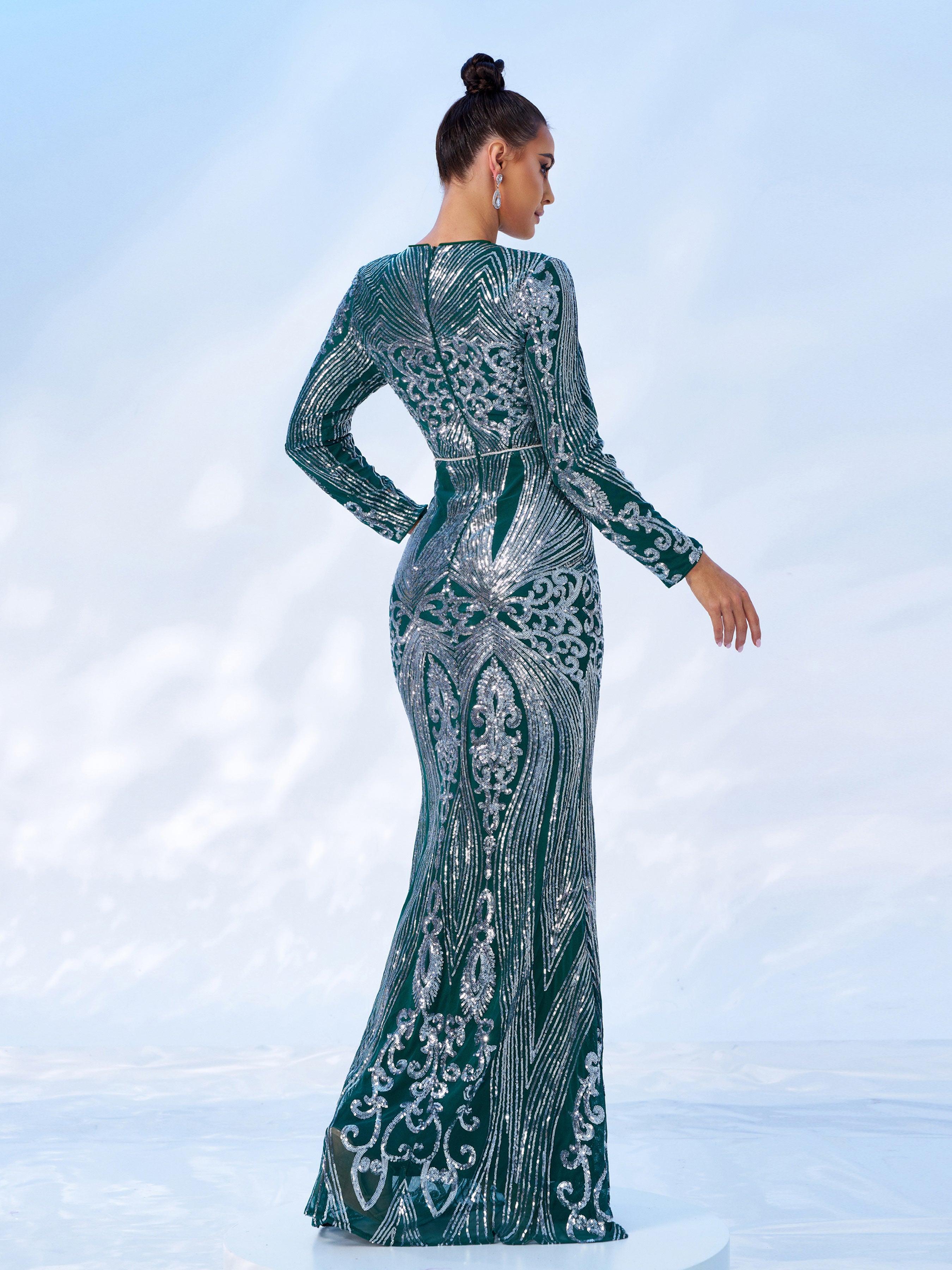 Green Geometric Sequin Long Sleeve Dress