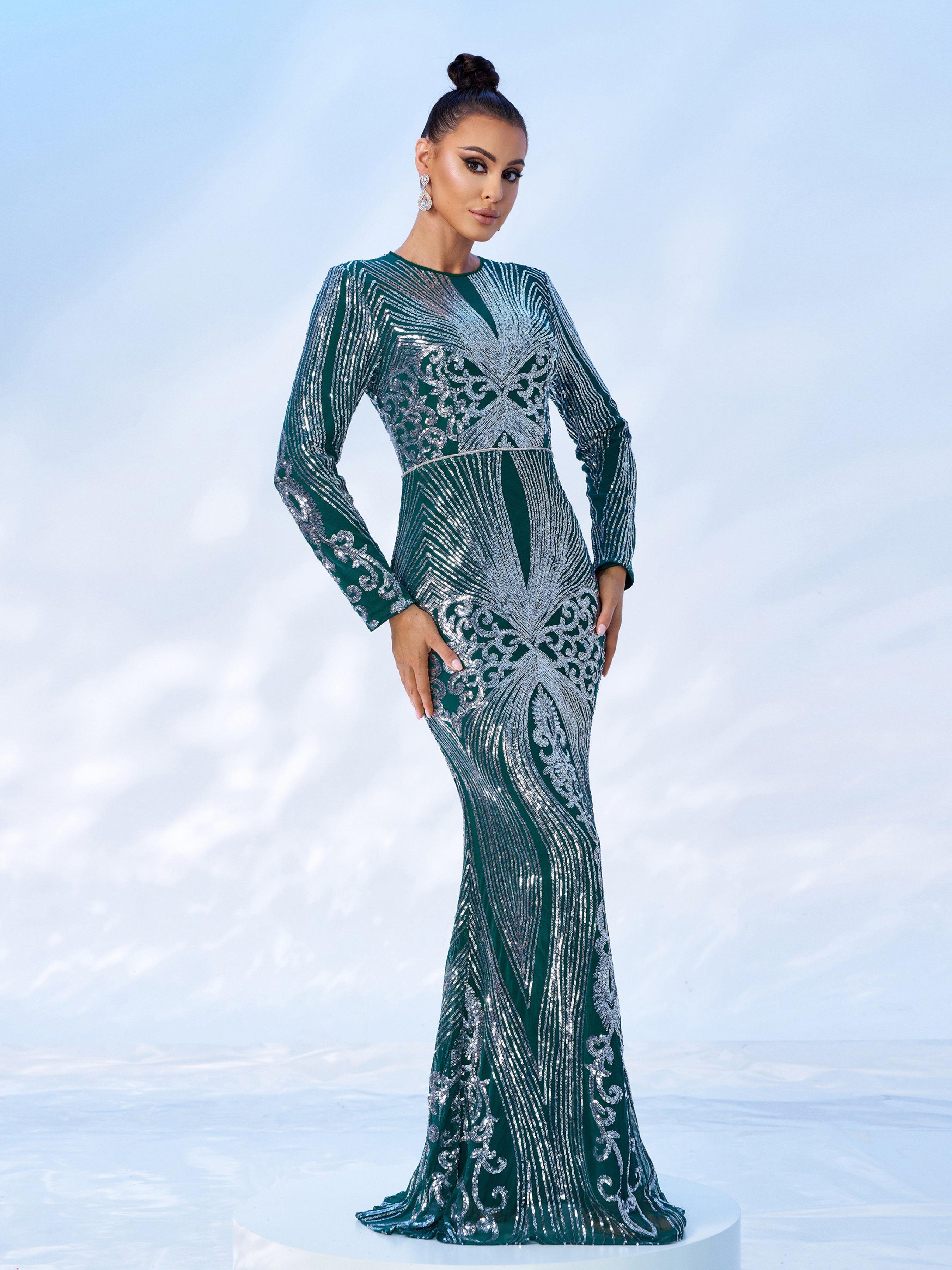 Green Geometric Sequin Long Sleeve Dress