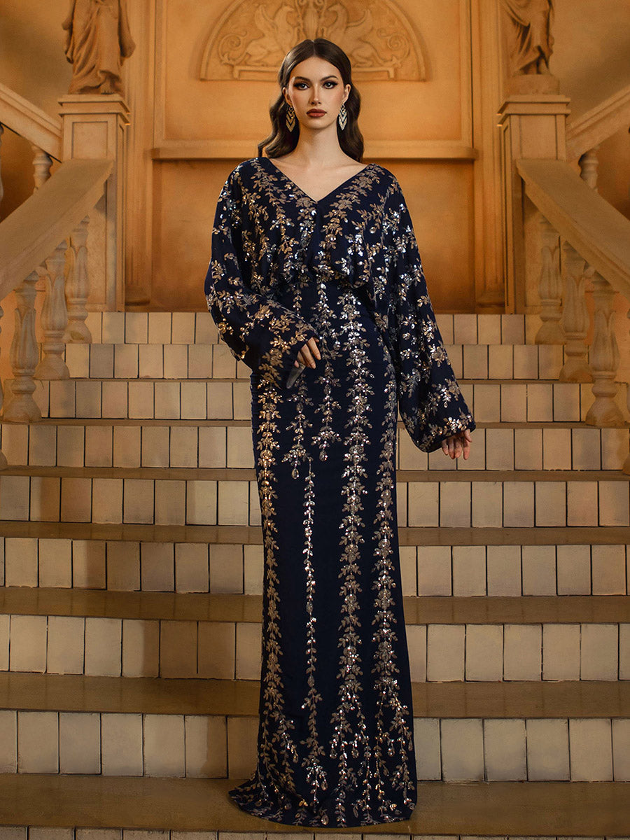 Bat-sleeve V-neck Leaf Sequin Loose Dress