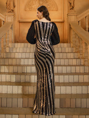 Black Striped Split Sequin Prom Dress