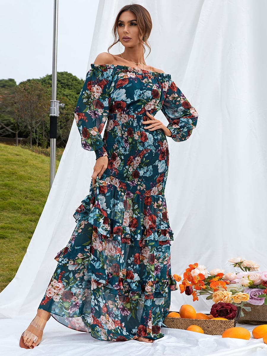 Ruffled Green Printed Casual Chiffon Dress