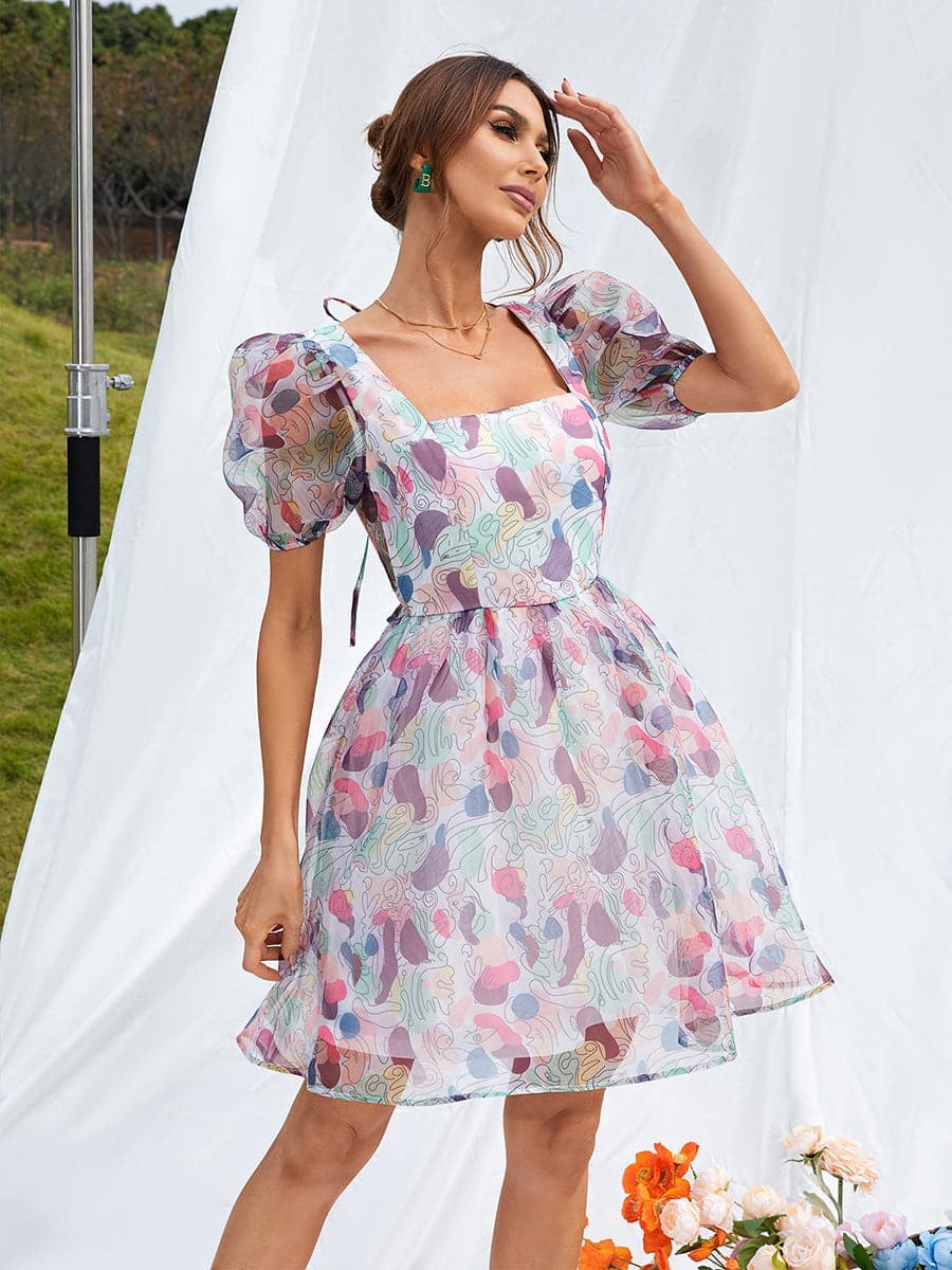 A Line Mini White Printed Casual Dress