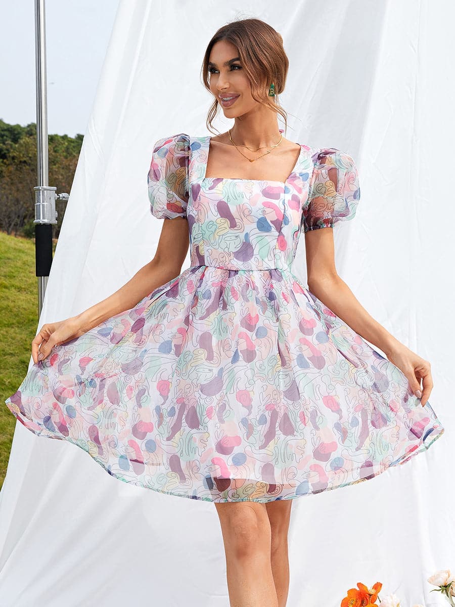 A Line Mini White Printed Casual Dress
