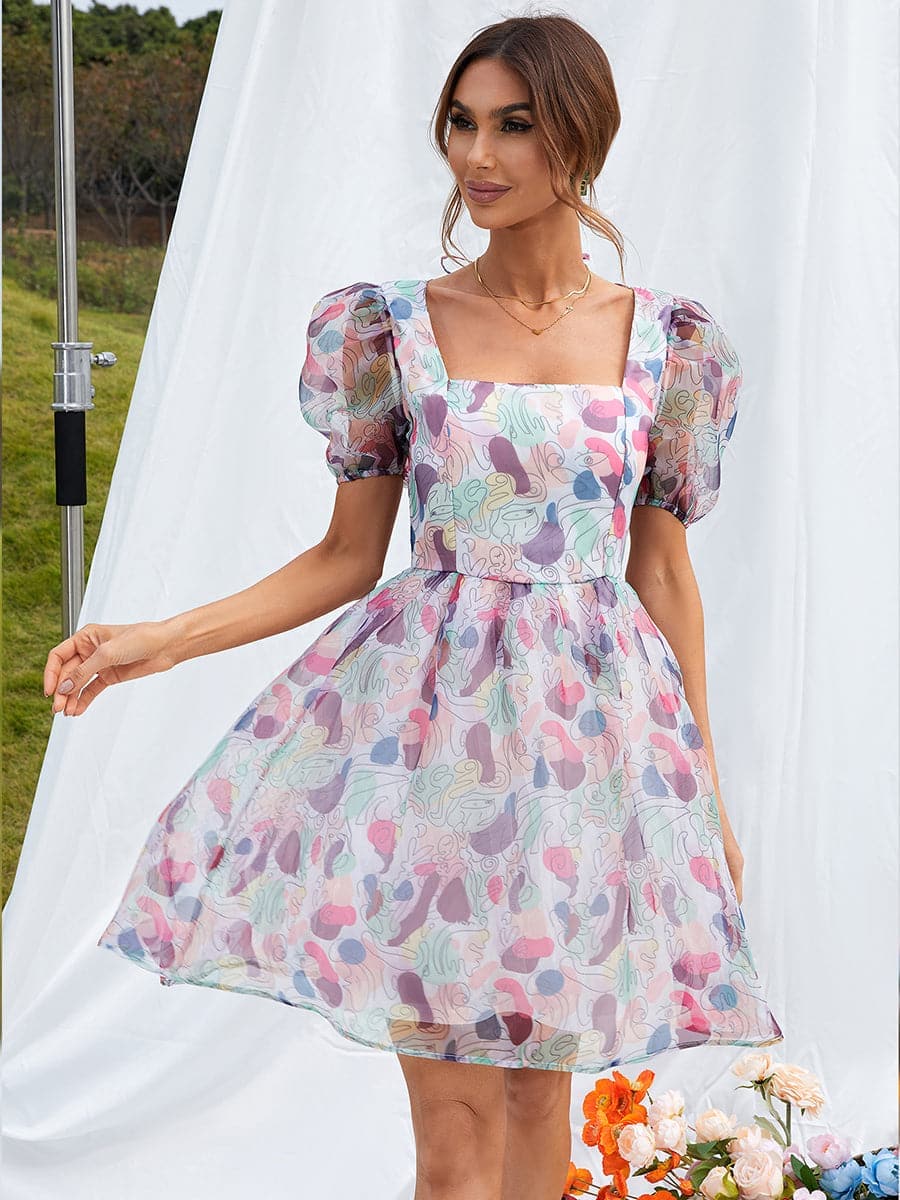 A Line Mini White Printed Casual Dress