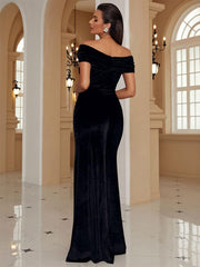 Off The Shoulder Velvet Sexy Purple Prom Dress
