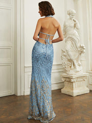 Halter Neck Backless Sequin Blue Prom Dress