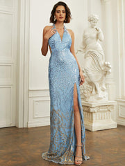 Halter Neck Backless Sequin Blue Prom Dress