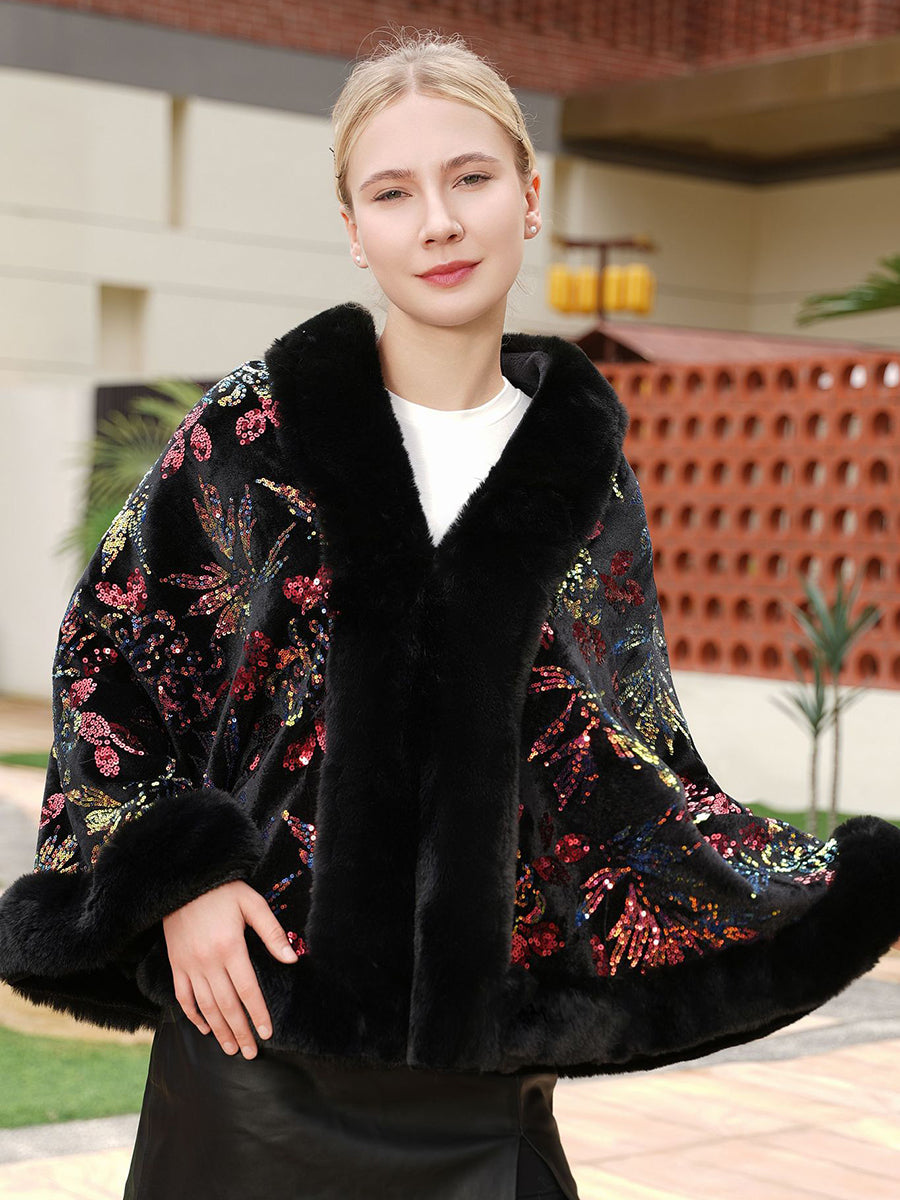 Leaf Sequin Faux Fur Coat