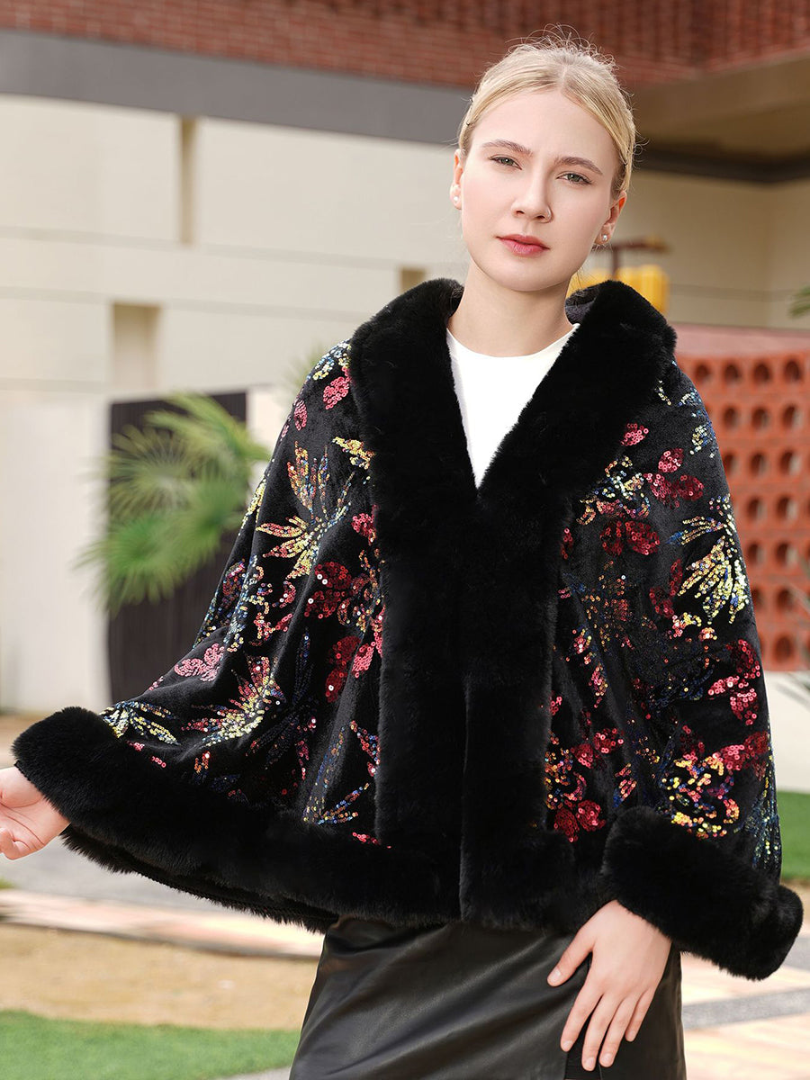 Leaf Sequin Faux Fur Coat