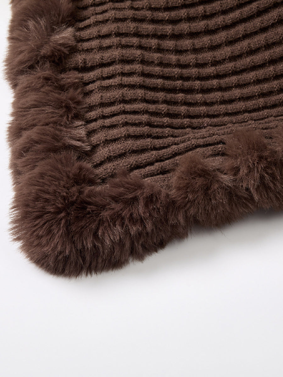 Plaid Soft Knitted Faux Fur Trim Poncho Shawl