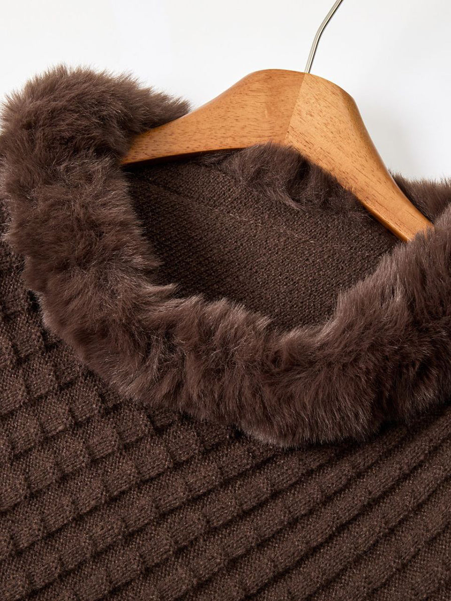 Plaid Soft Knitted Faux Fur Trim Poncho Shawl