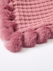 Plaid Soft Knitted Faux Fur Trim Poncho Shawl