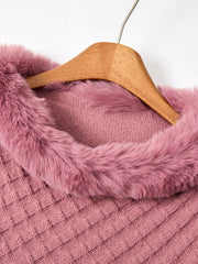 Plaid Soft Knitted Faux Fur Trim Poncho Shawl