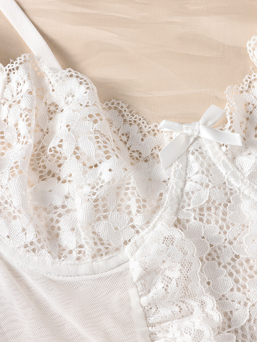 White Lace Bowknot Ruffled Teddy